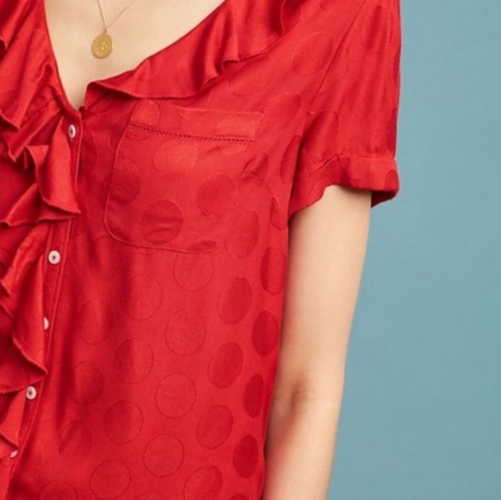 Anthropologie Jojo red ruffle button down blouse top Sz Small - Picture 3 of 7